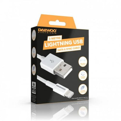 Daewoo Lightening USB To 8 Pin Fast Charge Cable White 3Mtr