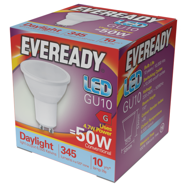 Eveready LED GU10 345lm 4,7W 6 500K (lumière du jour), boîte de 1