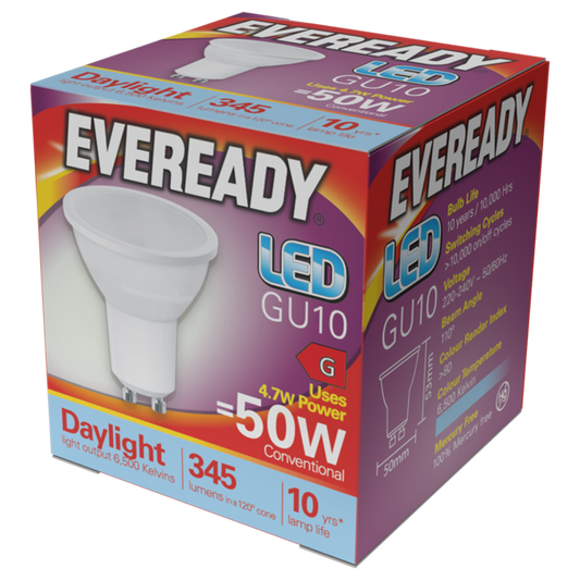 Eveready LED GU10 345lm 4,7W 6 500K (lumière du jour), boîte de 1