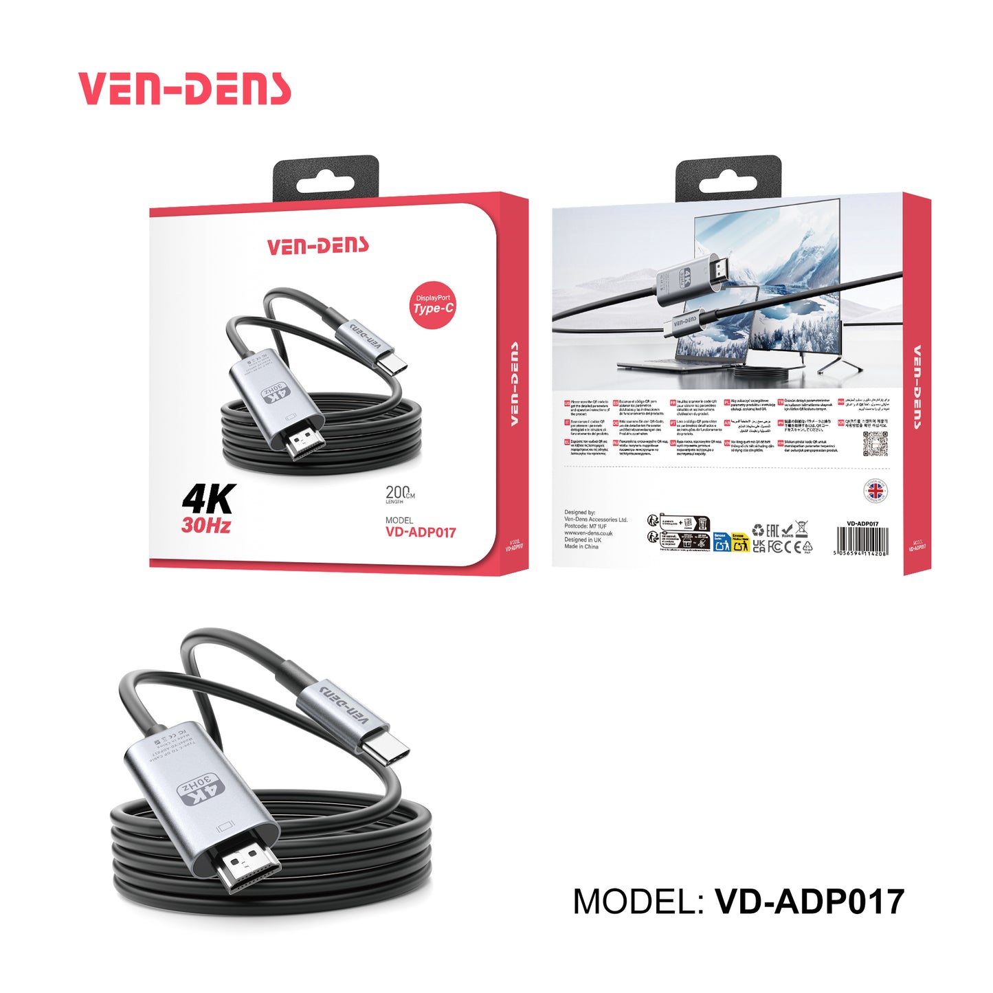 Ven-Dens Type-C male to HDMI male 4k 30HZ 2m（VD-ADP017