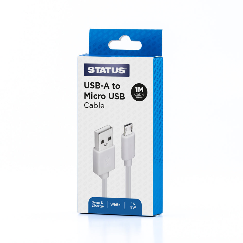 USB A to USB Micro Sync and Charge Cable - 1 Amp - 5w - 1 Mtr - White PVC -Status - 1 pk Box