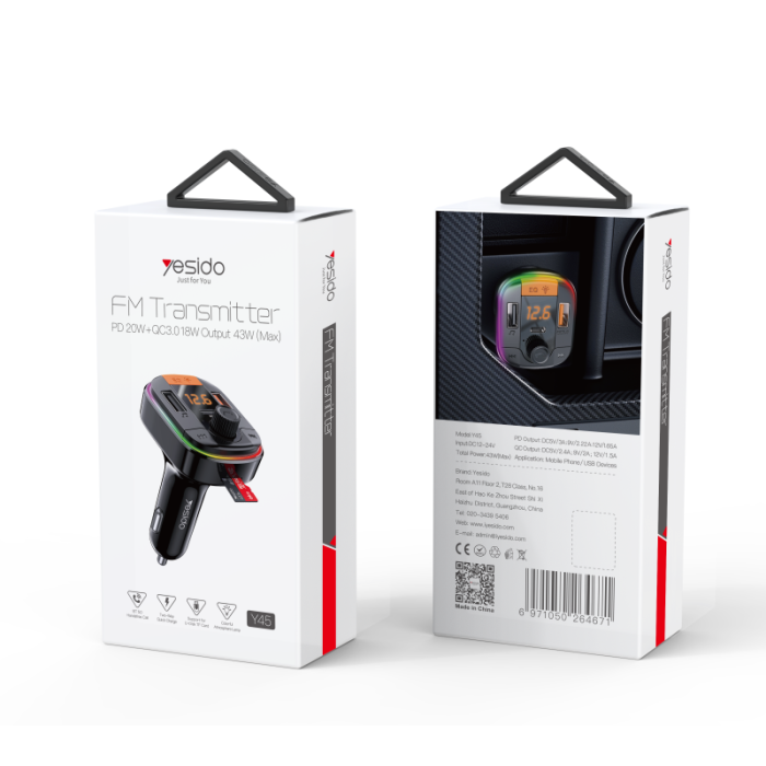 Yesido Y45 Fast charging Smart Dual USB Ports Vehicle Charger FM Transmitter Mp3 Multi Function Car Charger