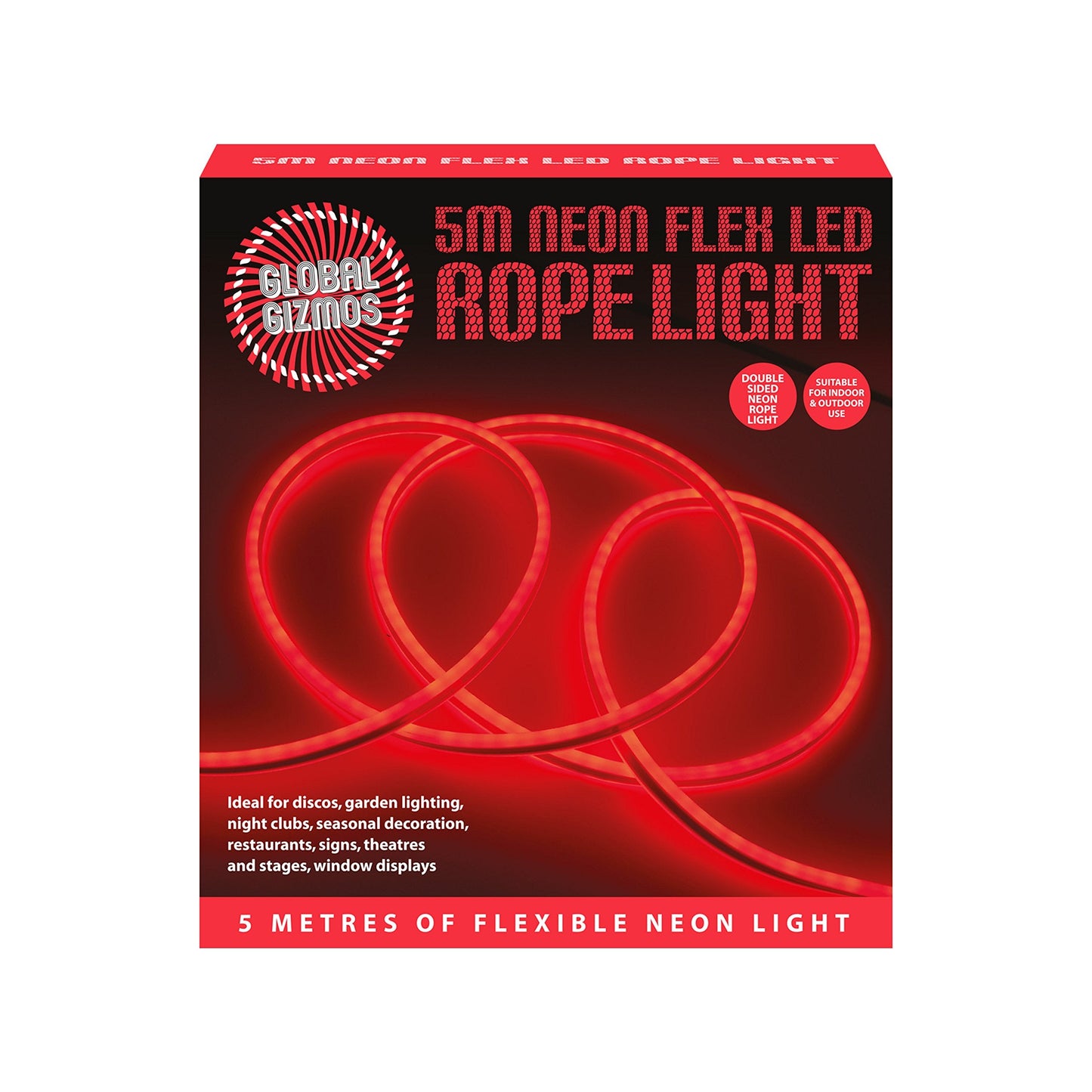 Global Gizmos 47510 5 Metre LED Strip Lights / Flexible Rope Lights / Neon Style Glow / Great for Bedrooms & TV Backlight / Indoors or Outdoors / Red Colour