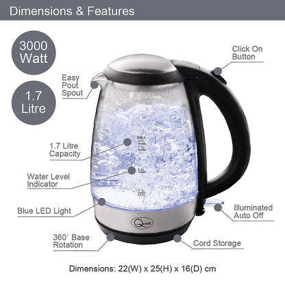 Bouilloire électrique en verre Quest - 1,7 L avec lumière LED - Protection contre l'ébullition à sec - Noir et acier inoxydable - 3000 W - Sans BPA - Ébullition rapide