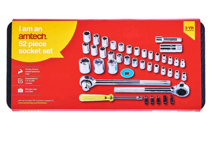 Jeu de douilles Amtech 52 pièces 1/4" 3/8" 1/2" Cliquet Rallonges Embouts
