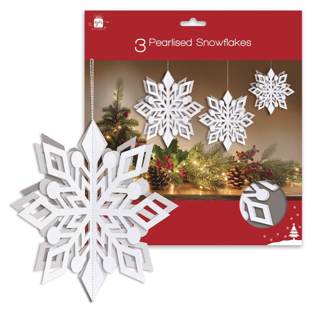 Giftmaker Pearlised Snowflake Decorations - Pack of 3