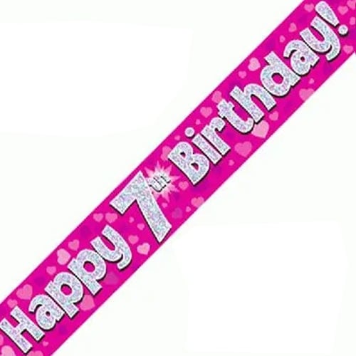 Pink Happy 7th Birthday Holographic Foil Banner 9feet
