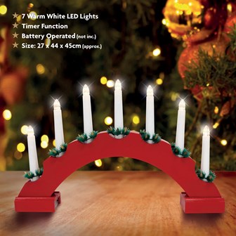 Christmas Workshop Candle Bridge Battery Operated Red Arched Wooden 7 LED Candles Warm White  Battery Operated