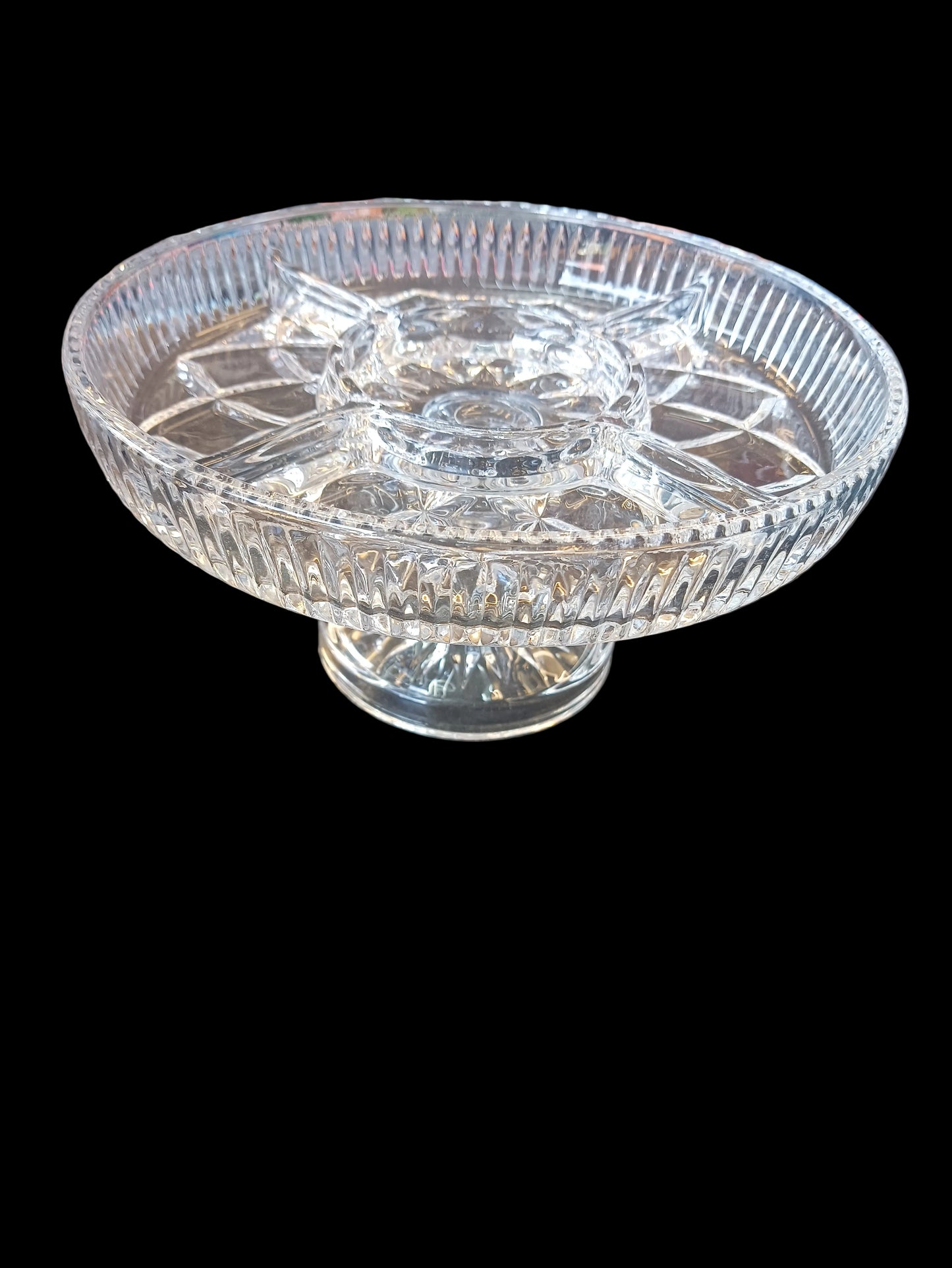 Vintage Pressed-Glass Divided Pedestal Serving Dish  34x13 cm