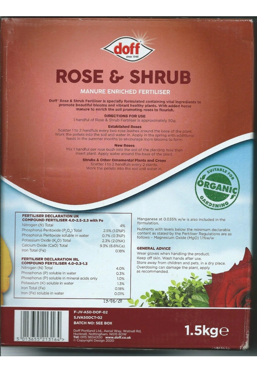 Doff Rose & Shrub Feed Plant Food Manure Enriched Fertiliser 1.5kg