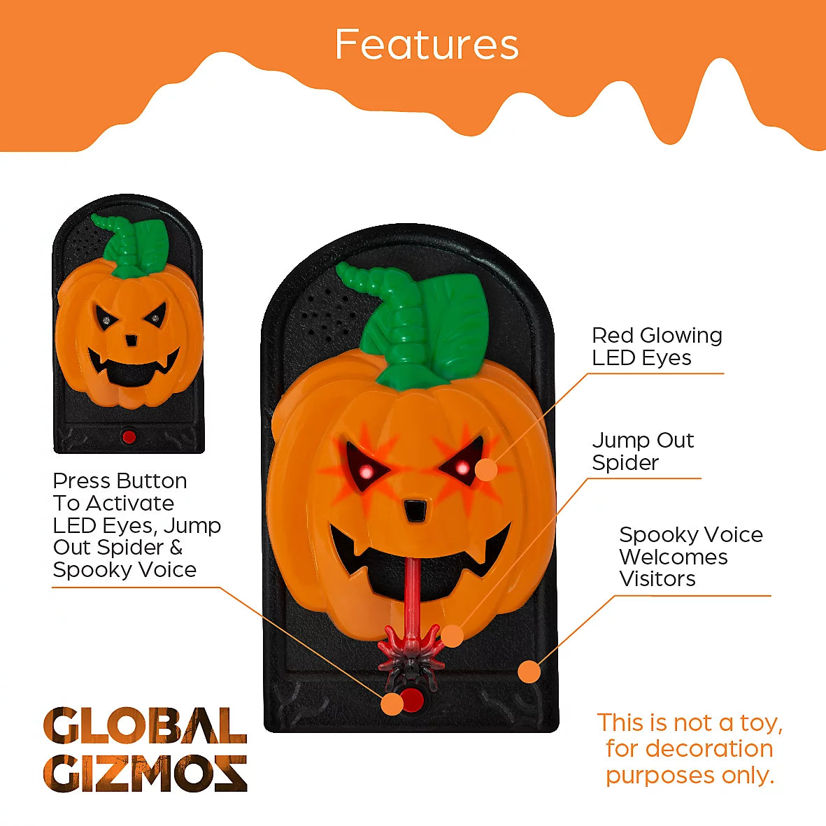 Global Gizmos Halloween Doorbell Decoration / Pumpkin Design / Glowing LED and Spooky Sound Effects