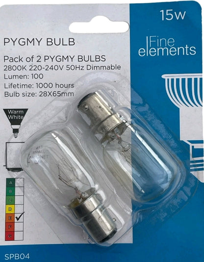 2 x 15w SBC PYGMY BULBS 2800K WARM WHITE DIMMABLE - APPLIANCE LAMP 100 lm 1000hr