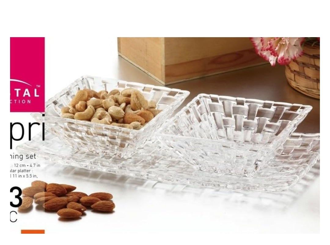 Cristal Collection CAPRI 3pc Entertaining Set 1pc RECTANGULAR PLATTER + 2pc SQUARE BOWL