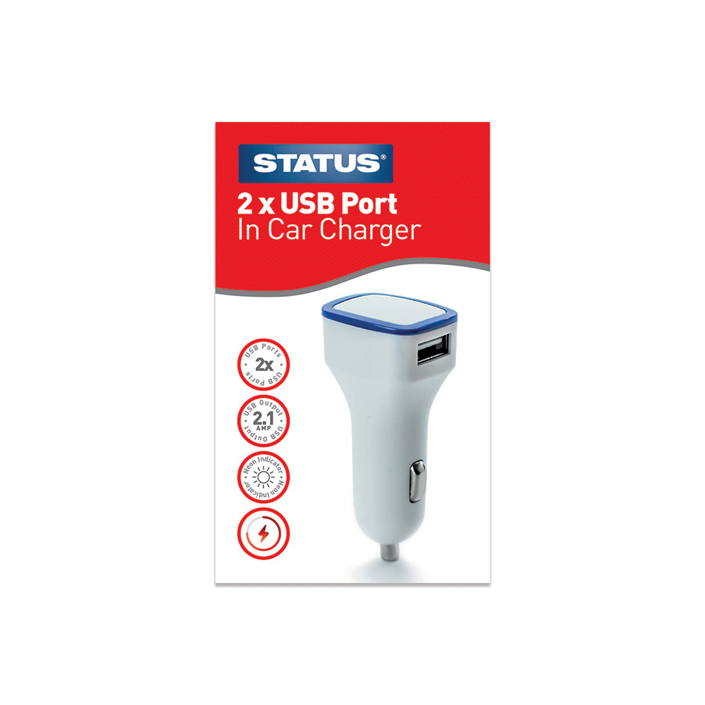 Status chargeur de voiture 2 ports USB - 12V - 2,1 mA - Blanc - 1 unité - en boîte