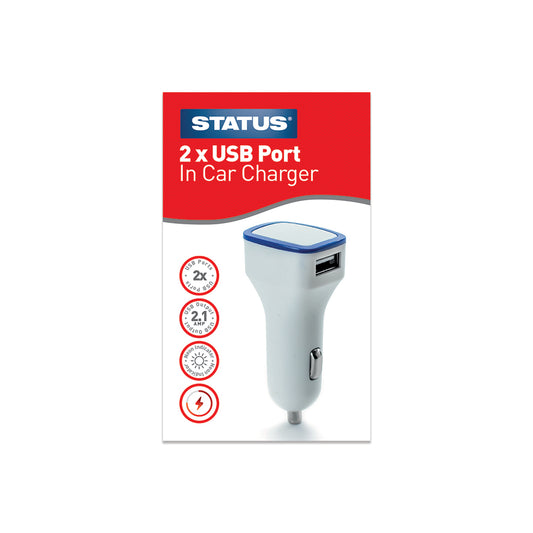 Status 2 x USB - In Car Charger - 12v - 2.1 mA - White - 1 pk - in a Box