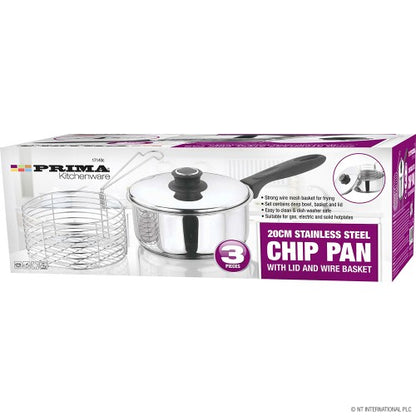 PRIMA 3PC 20cm STAINLESS STEEL DEEP INDUCTION 3L FRYER SET & CHIP PAN + LID & BASKET