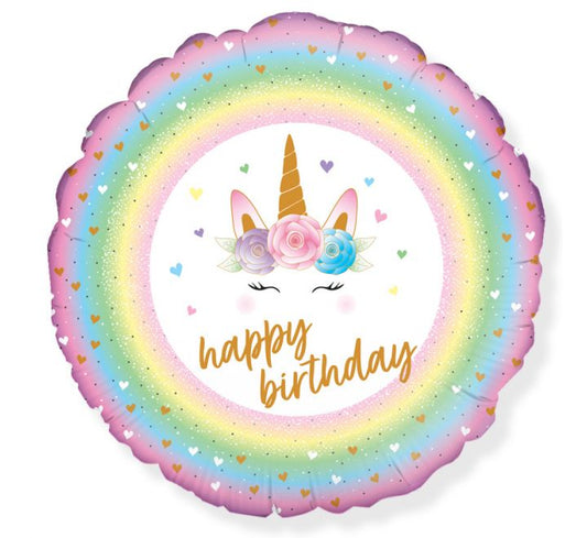 BALLON ALUMINIUM "JOYEUX ANNIVERSAIRE" LICORNE À FLEURS 45 CM