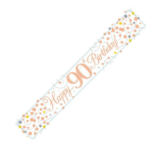 9FT WHITE & ROSE GOLD 90TH  HAPPY BIRTHDAY BANNER
