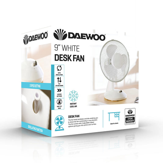 Ventilateur de bureau Daewoo 22 cm, oscillant, tête inclinable, 2 vitesses, blanc