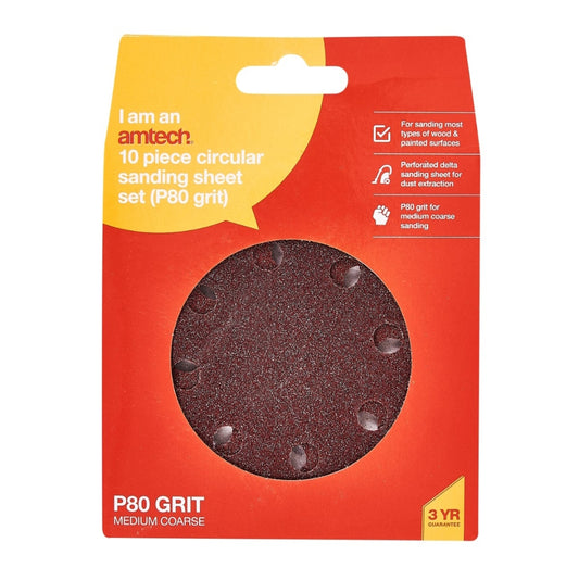 Amtech Pack of 10 P80 grit circular sanding sheets (115mm diameter)
