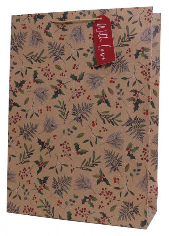 Just to Say Gift Bag, Xmas Holly Kraft, X-Large with tag