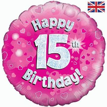 Oaktree 18inch Happy 15th Birthday Pink Holographic Balloon
