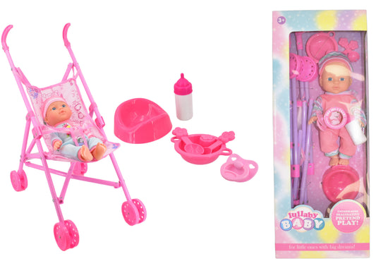 10" / 26cm Large Baby Doll & Stroller In Wbx