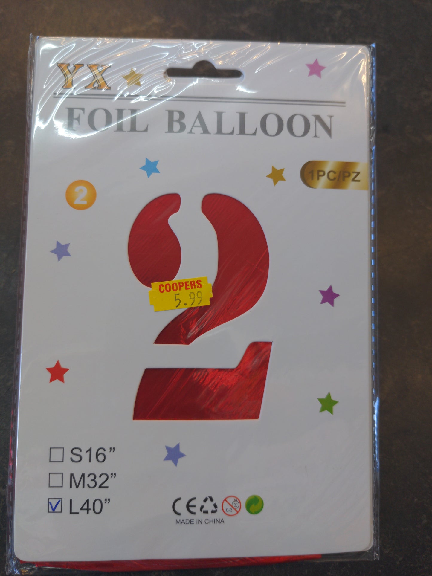 Giant No 2 Red Helium/Air Foil Balloon L40in