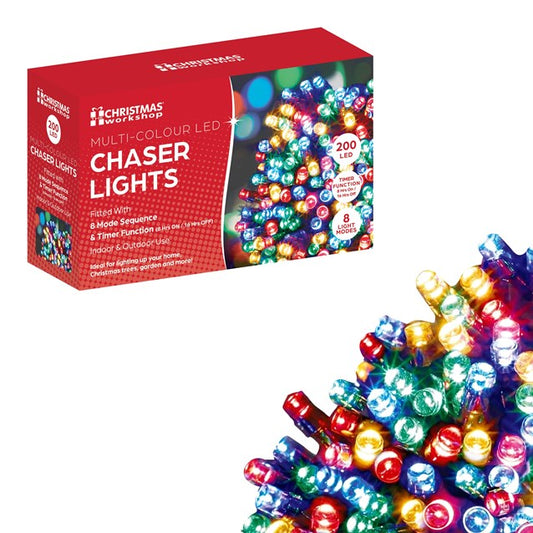 The Christmas Workshop 200 Multi-Coloured LED Chaser Christmas Lights / Indoor or Outdoor Fairy Lights / 13.9 Metres / 8 Light Modes / Great For Christmas, Weddings & Gardens