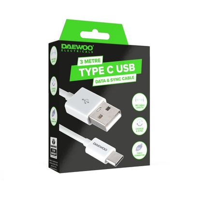 Câble de données et de synchronisation USB type C 3 mètres, charge rapide Daewoo Electricals