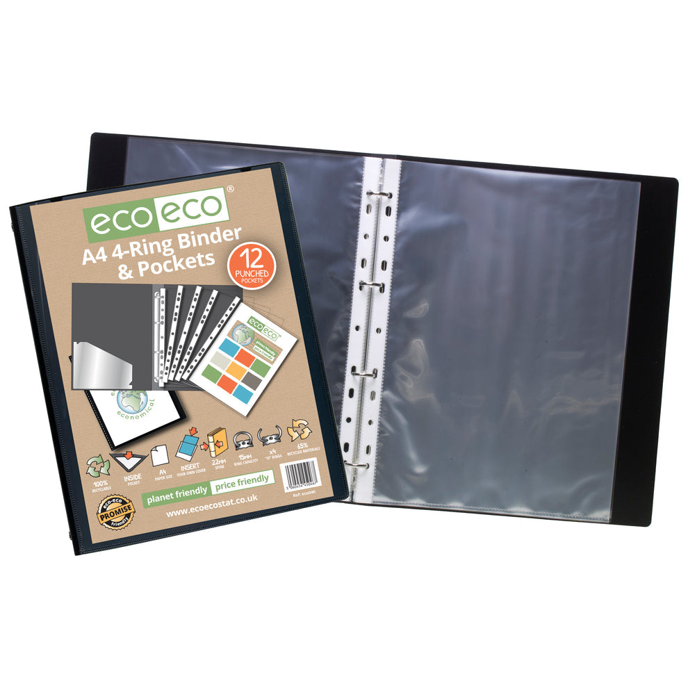 Eco A4 65% Recycled 4-O Rings Presentation Ring Binder with 12 Multi Punched Pockets
