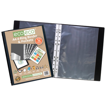 Eco A4 65% Recycled 4-O Rings Presentation Ring Binder with 12 Multi Punched Pockets