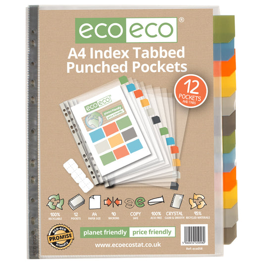 Eco A4 95% Recycled Set 12 Index Tabbed Premier Multi Punched Pockets