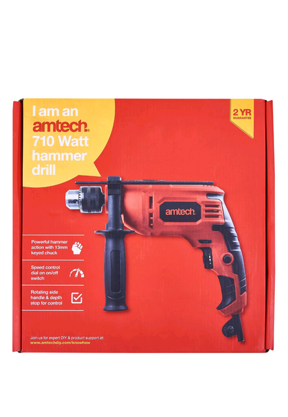 Amtech Heavy Duty Hammer Impact Drill 710W Plus Masonry Corded Electric Chuck 13Mm