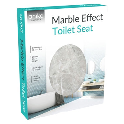 Grey Marble Effect) Anika Toilet Seat / Chrome Hinges / Easy Installation / 43cm x 37.5cm