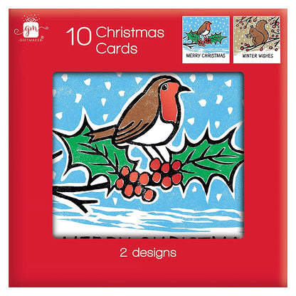 Giftmaker Pack of 10 Woodland Animals Design Square Christmas Cards With Envelopes