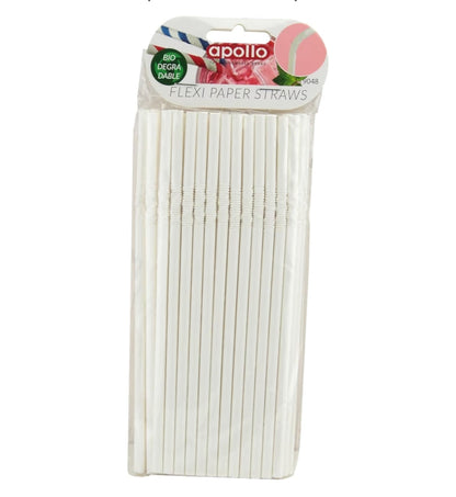 Apollo Flexi Paper Straws-White pk40