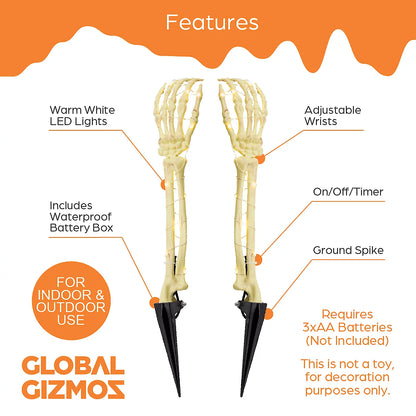 Global Gizmos Set of 2 Halloween Skeleton Arm Lights / Indoor or Outdoor Halloween Decoration / 6 Hour Timer / IP44 Waterproof