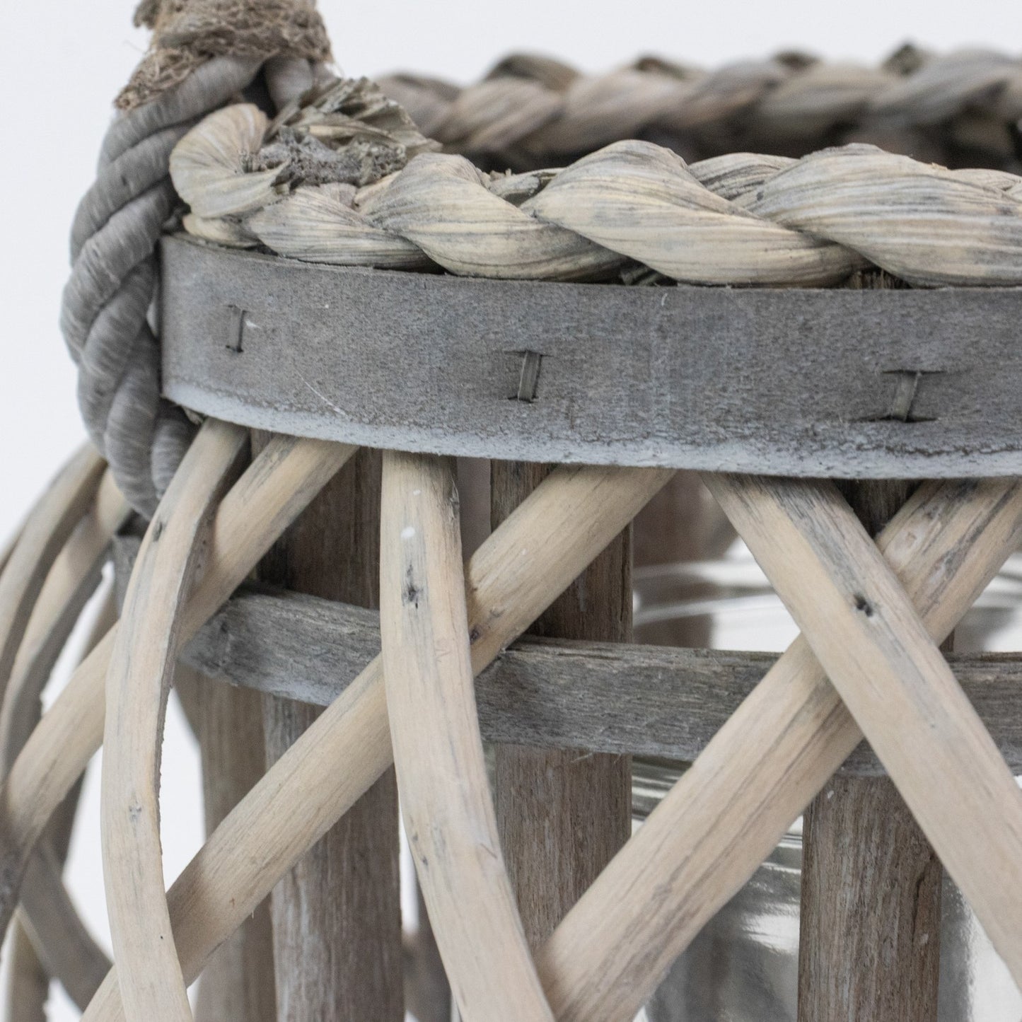 Jvl Natural Round Willow Wood Lantern With Braided Rope Handle - Grey Wash