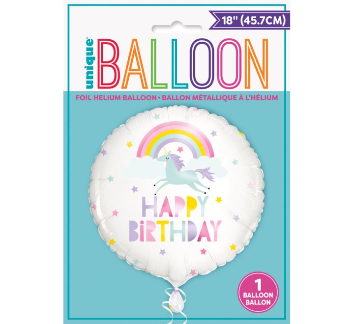 Ballon aluminium 45 cm JOYEUX ANNIVERSAIRE arc-en-ciel et licorne