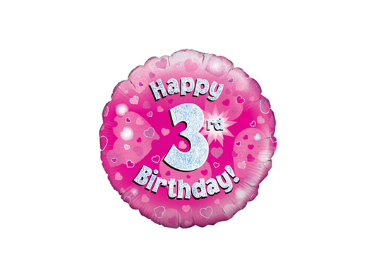 Oaktree 18 inch Happy 3rd Birthday Pink Holographic Foil Balloon