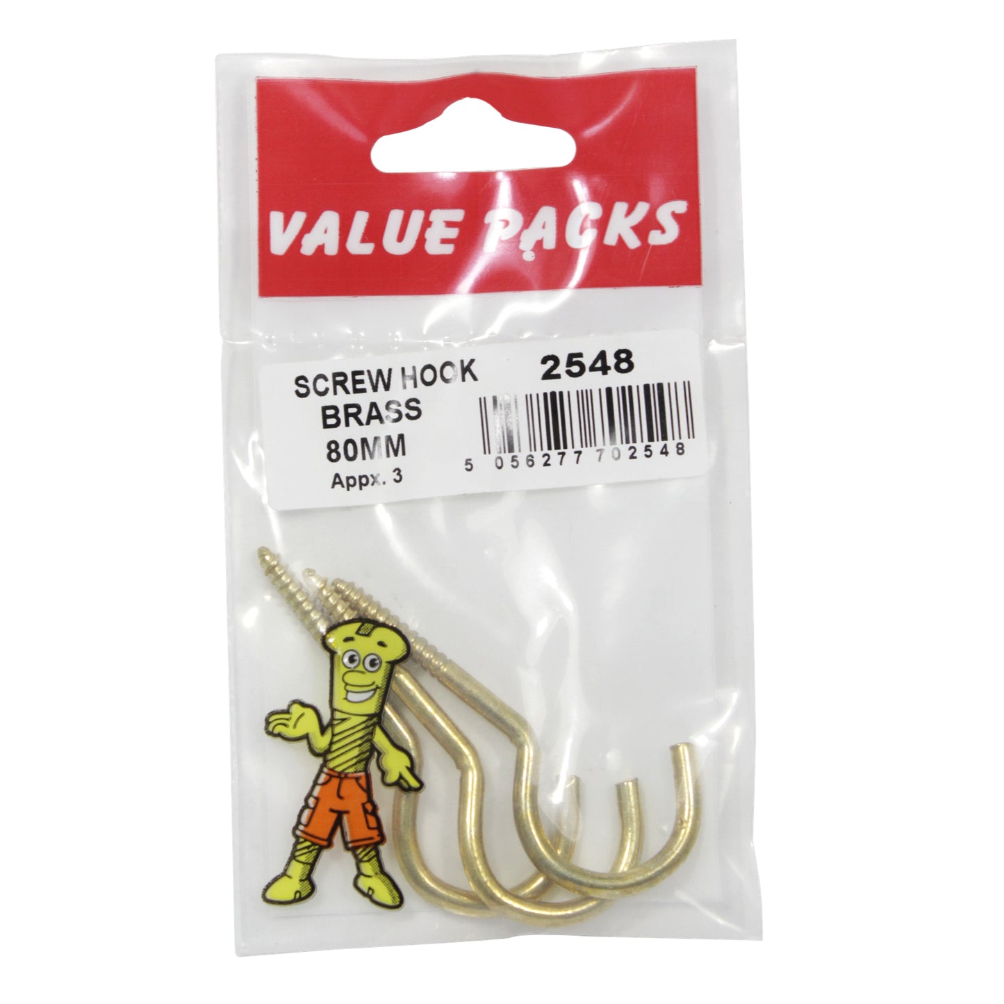 2548 SCREW HOOKS 80mm BRASSED 3 PER PACK