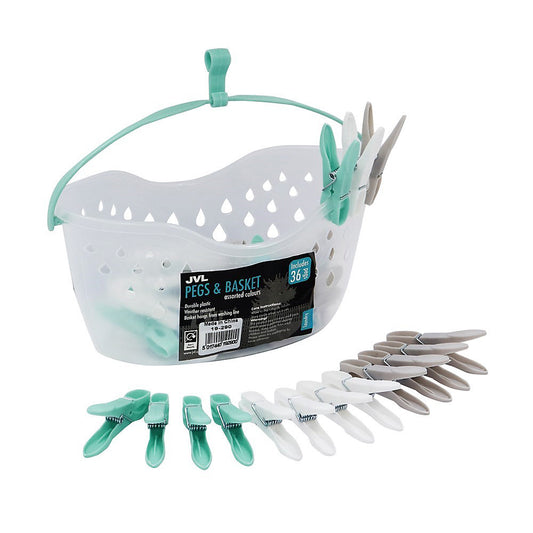 JVL Strong 36 pinces à linge en plastique avec panier transparent et crochet