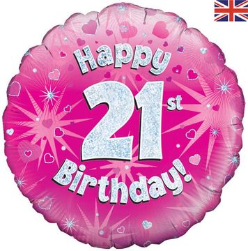 Happy 21st birthday Pink Holographic Helium balloon 18in