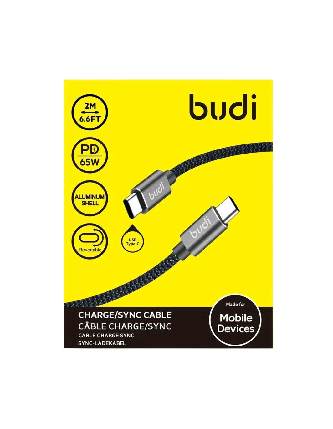 Câble tressé Budi USB-C vers USB-C 65W PD (2m) - Gris
