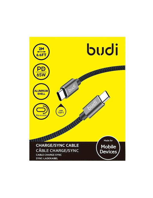 Câble tressé Budi USB-C vers USB-C 65W PD (2m) - Gris
