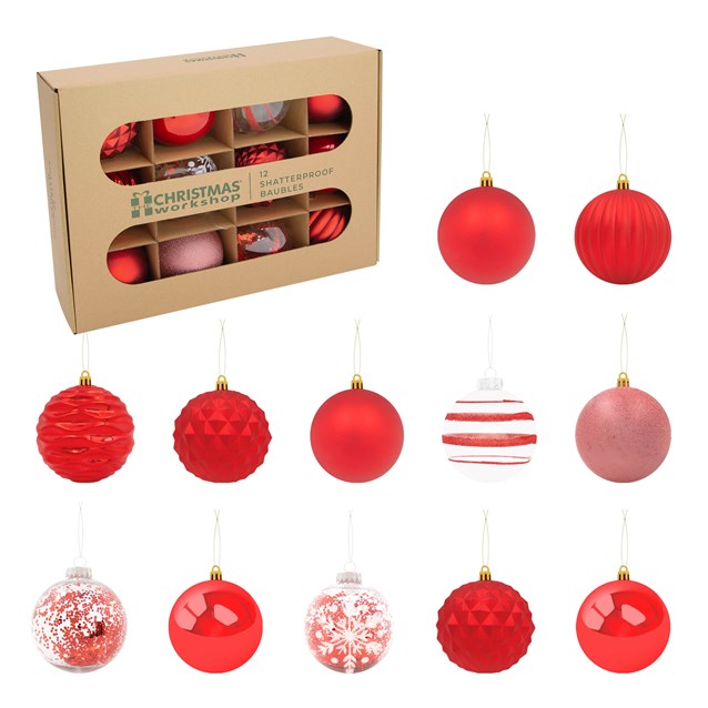 The Christmas Workshop 12PK Shatterproof Large Baubles -Red