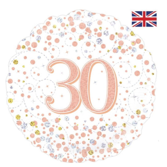 Oaktree 18 inch Age 30 White and Rose Gold Sparkling Fizz Balloon