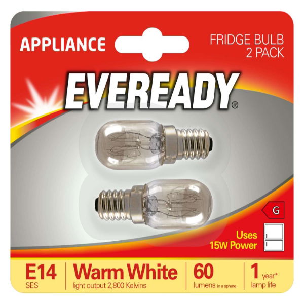S875 Eveready Fridge Lamp E14 (SES) 60lm 15W 3,000K (Warm White) Blister of 2