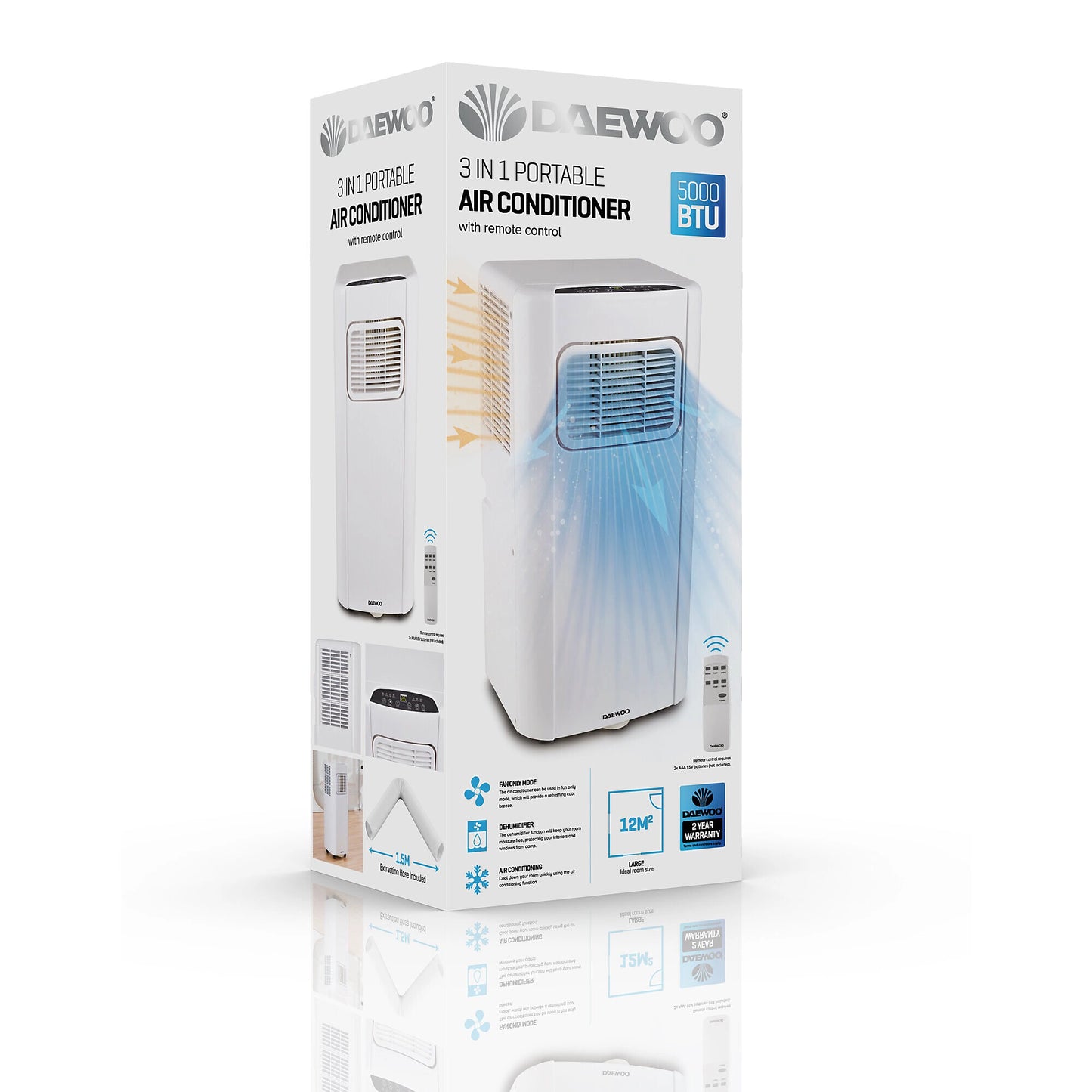 Climatiseur portable 3-en-1 Daewoo pour chambre ou bureau, unité AC 5000 BTU avec déshumidificateur et ventilateur, télécommande - Blanc